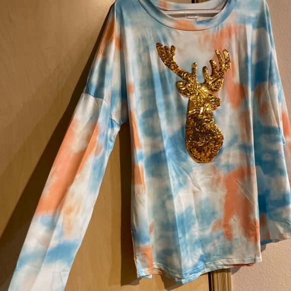 Women Large Sequins Reindeer Christmas Gift Shirt Blouse Top Pretty Tie Dye - Picture 2 of 5